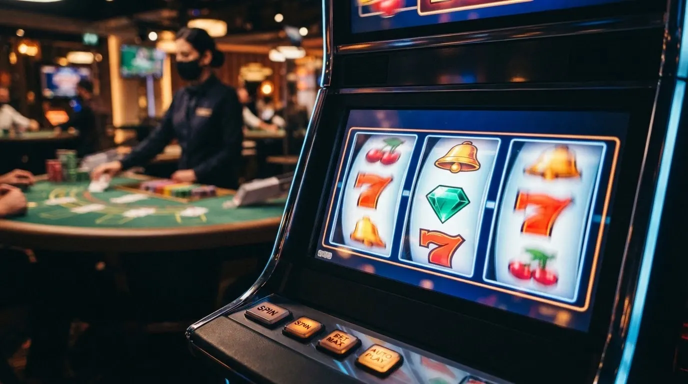 Écran de machine à sous en ligne colorée avec rouleaux et symboles, interface de casino en direct en arrière-plan