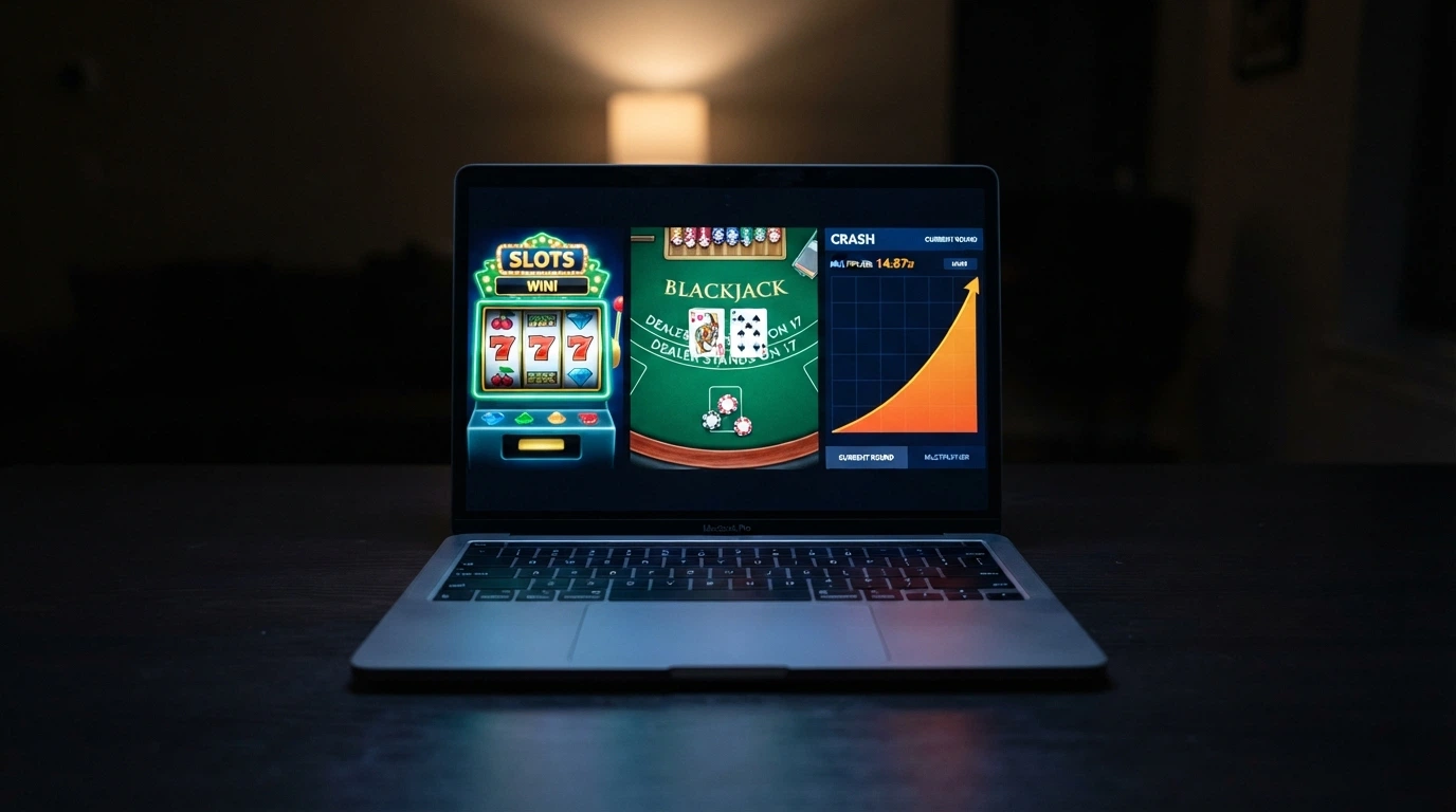 Une interface de casino en ligne affichant côte à côte une machine à sous, un jeu de blackjack et un crash game