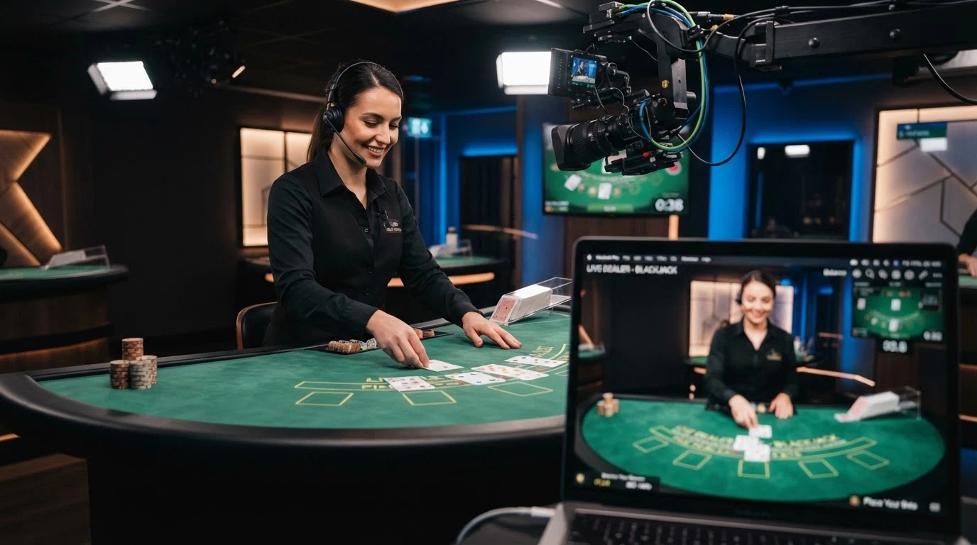 Un croupier de casino en direct vu de face, avec l'interface de jeu d'un live casino sur un écran placé en amorce au premier plan