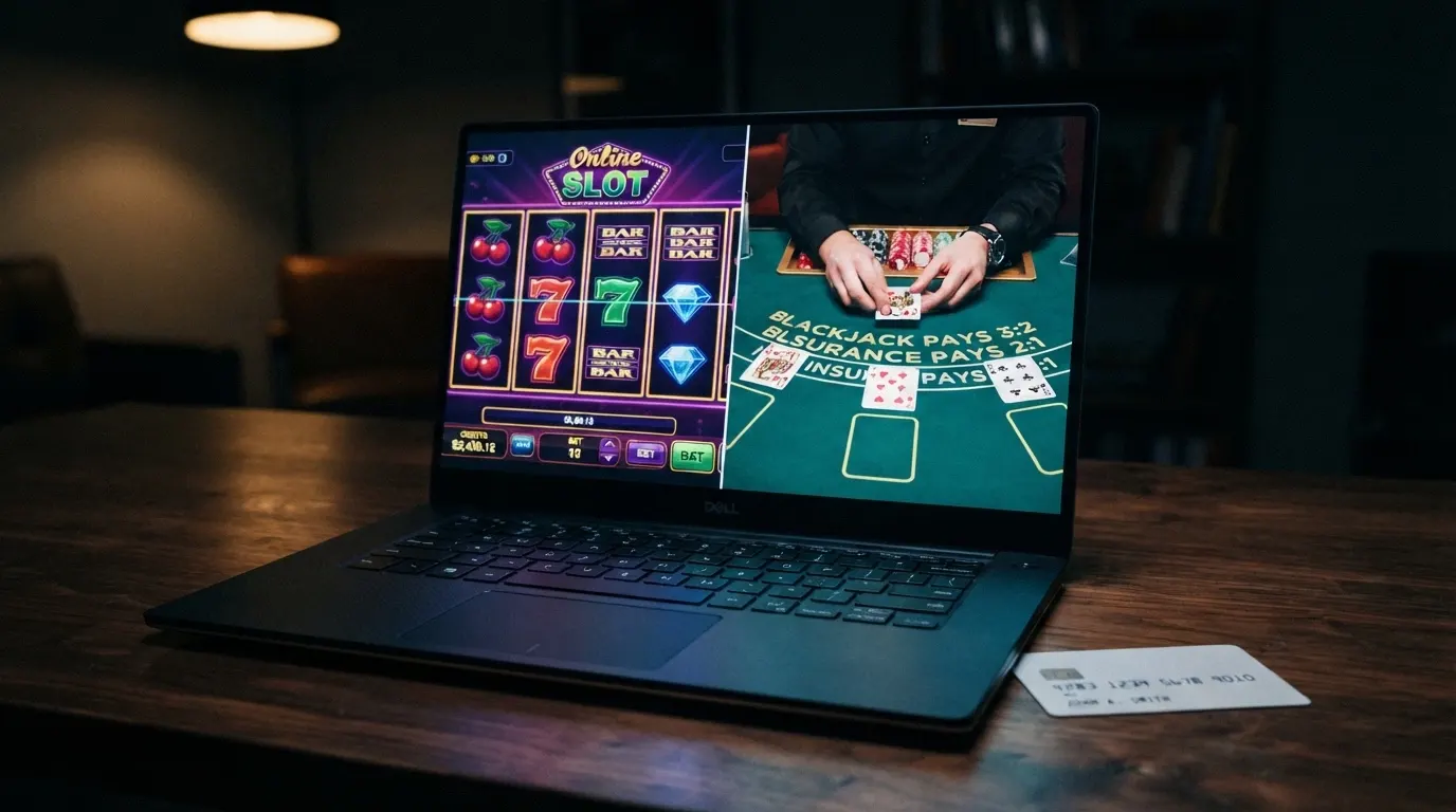 Écran partagé entre une machine à sous et une table de live dealer, la carte Visa en amorce en bas de cadre.