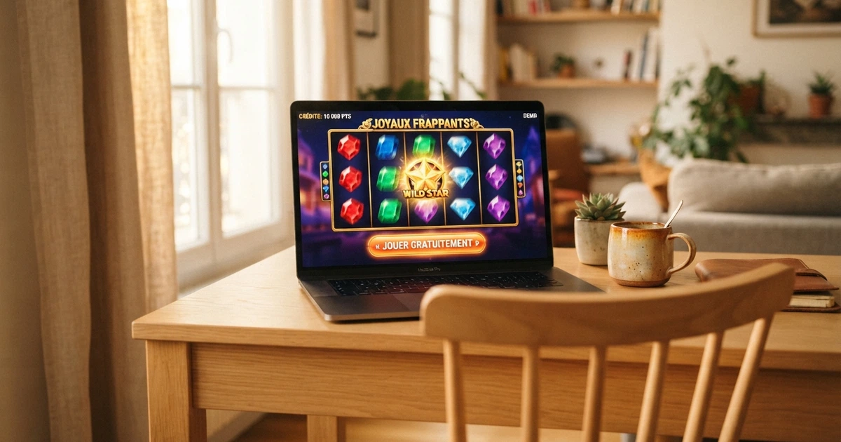Une interface de jeu de casino en mode démonstration dans un navigateur, avec le bouton «jouer gratuitement» visible et des crédits fictifs affichés, sans champ d'inscription à l'écran