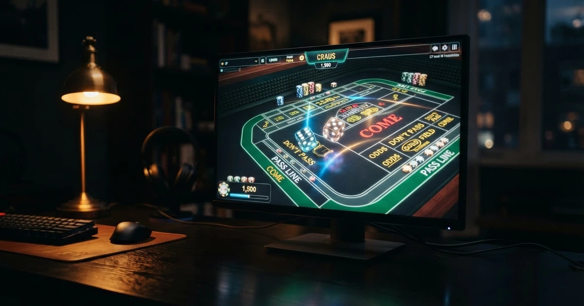 Une table de jeu de dés virtuelle affichée sur un écran, avec des dés numériques, une interface de mise et des zones de pari colorées.