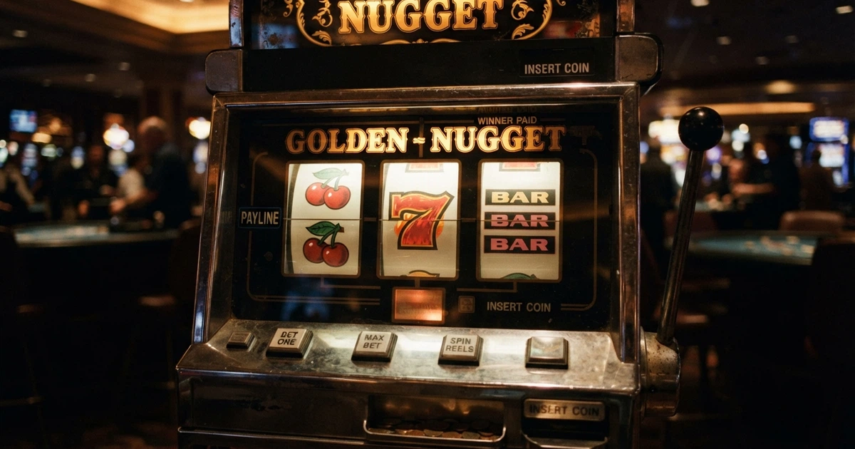 Trois rouleaux de machine à sous classique alignés sur des symboles fruits, 7 et BAR, fond de casino tamisé