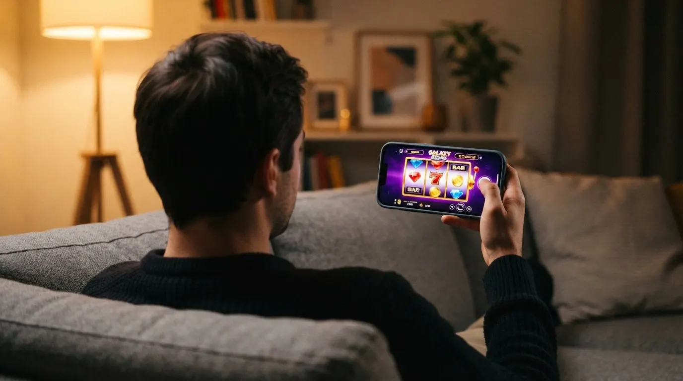 Un joueur installé dans un canapé, son smartphone tenu à deux mains en mode paysage, l'écran affichant les rouleaux d'une machine à sous aux couleurs vives