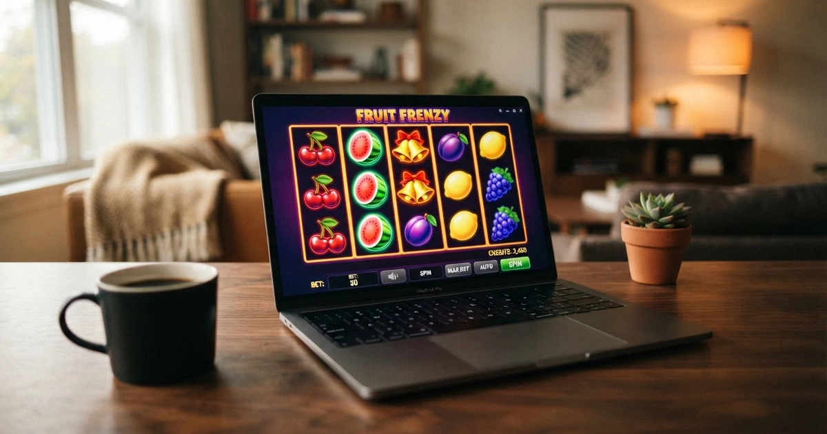 Interface de machine à sous en mode démo sur un écran, avec des rouleaux colorés, des symboles fruités et un compteur de crédits virtuels affiché