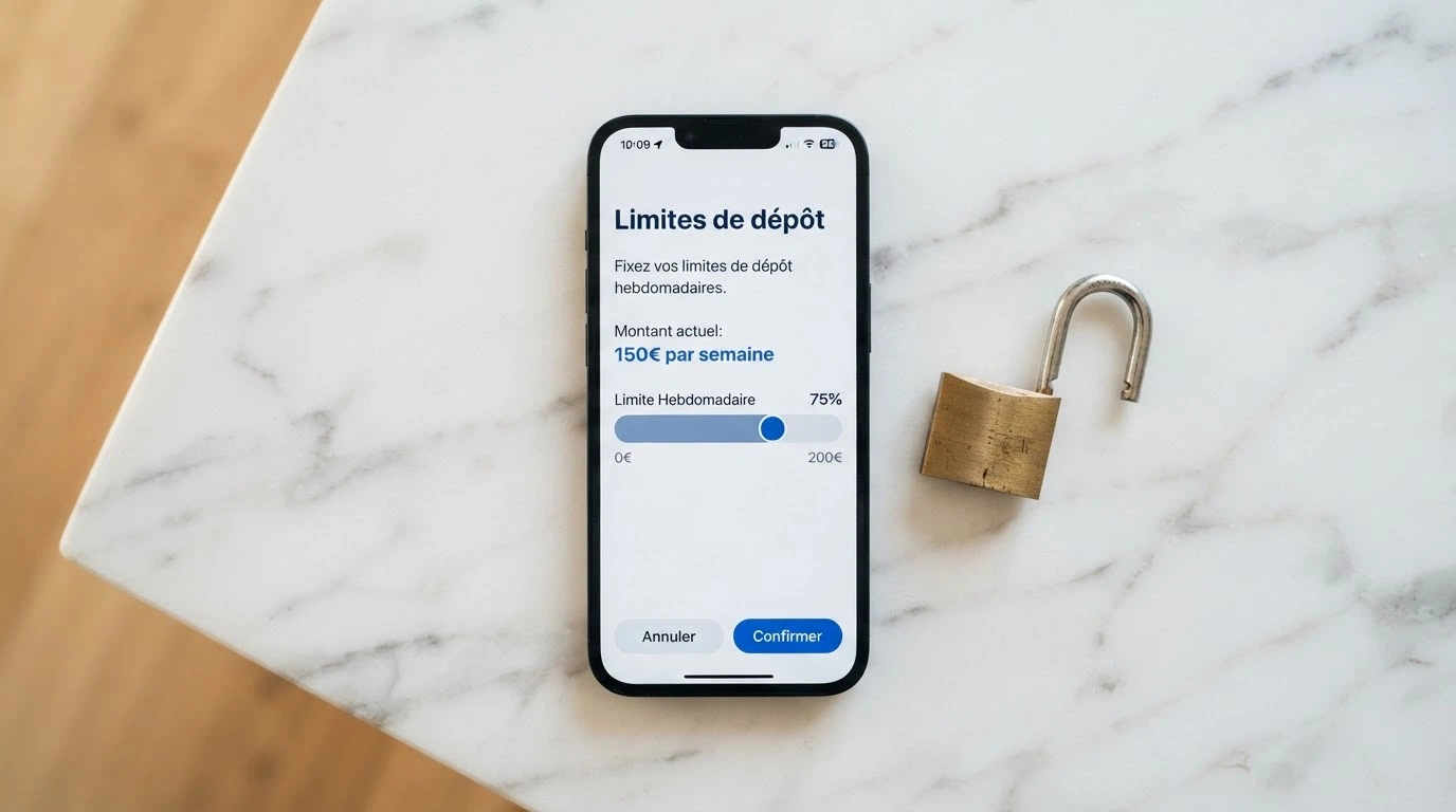 Un téléphone portable affichant l'interface de dépôt de limites de jeu à côté du numéro SOS Joueurs, avec un cadenas ouvert