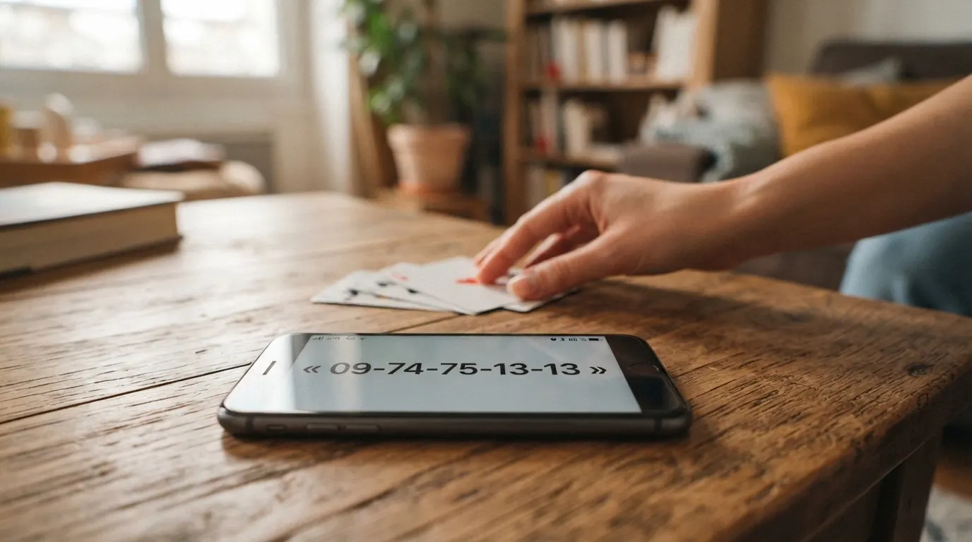 Un téléphone portable affichant le numéro de Joueurs Info Service (09-74-75-13-13) avec, en arrière-plan flou, une main qui repousse un jeu de cartes.