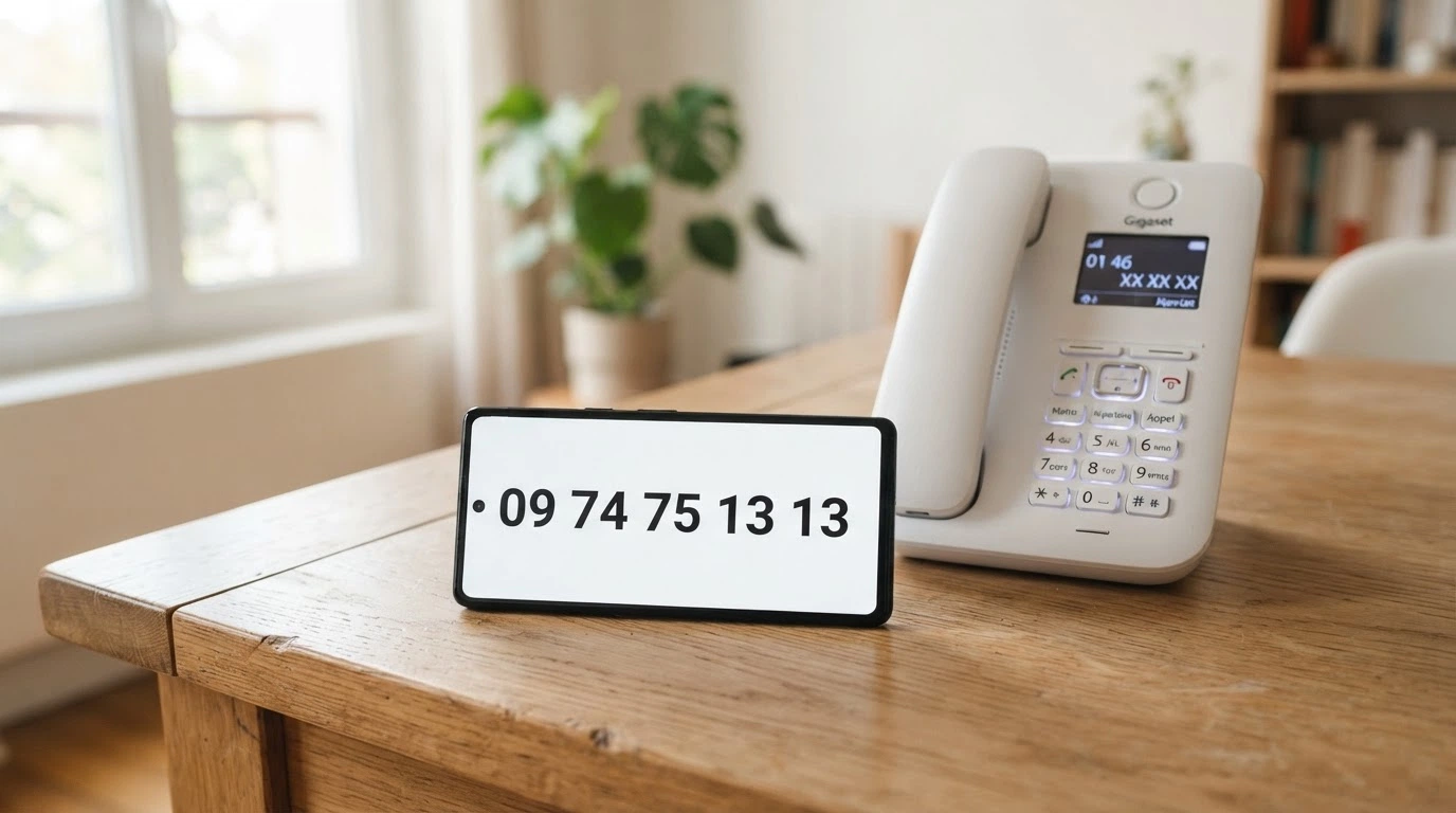 Un smartphone affichant le numéro 09 74 75 13 13 à côté d'un téléphone