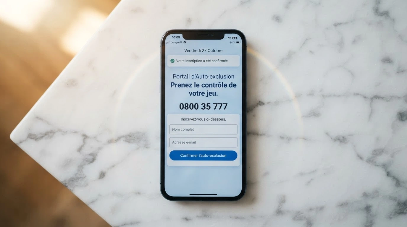 L'écran d'accueil du site Joueurs Info Service sur un smartphone, avec le numéro 09 74 75 13 13 visible et l'interface de la procédure IVJ en ligne en arrière-plan