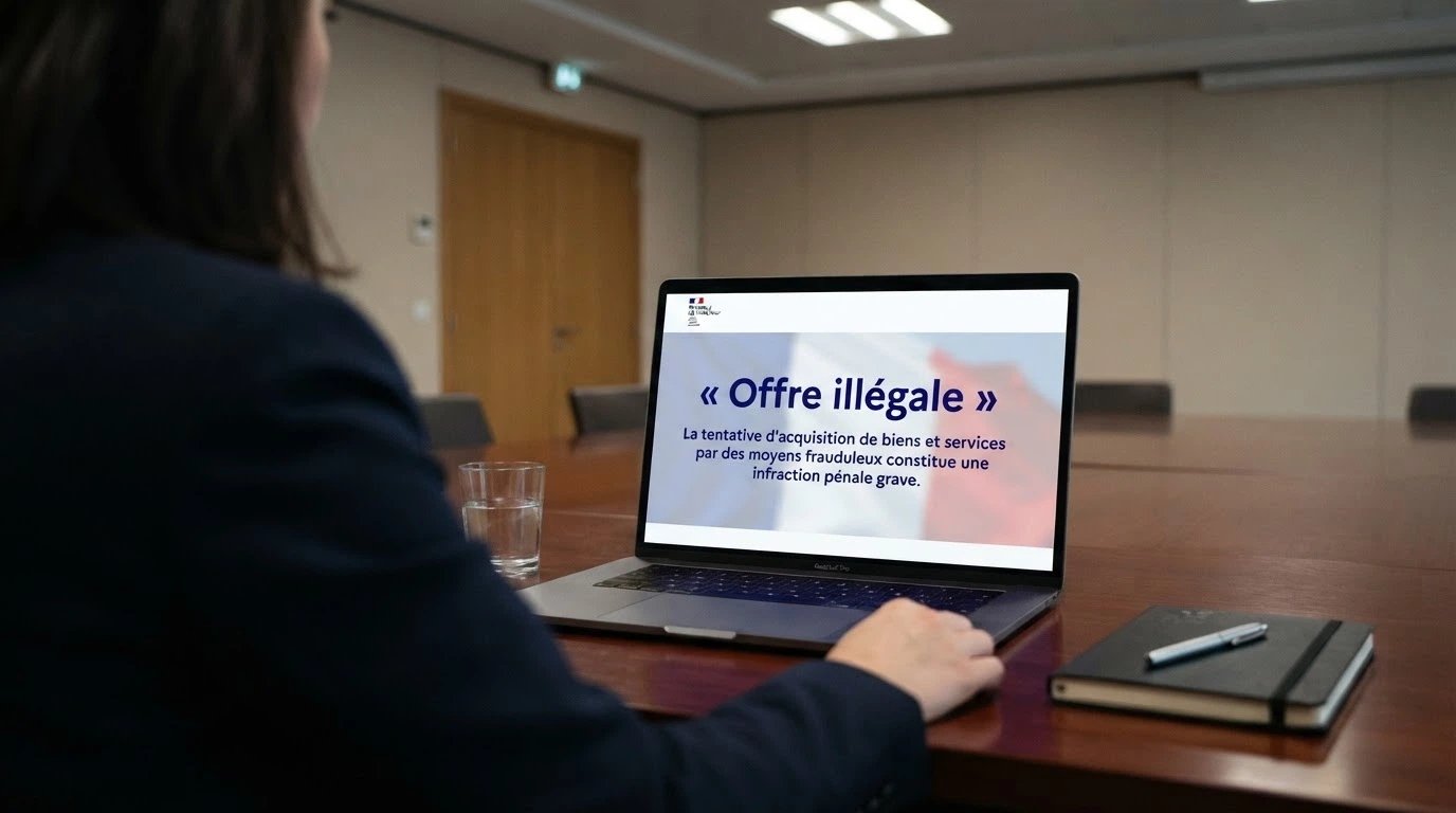 Une capture d'écran du site de l'ANJ affichant la page « Offre illégale », avec le drapeau français en arrière-plan flouté