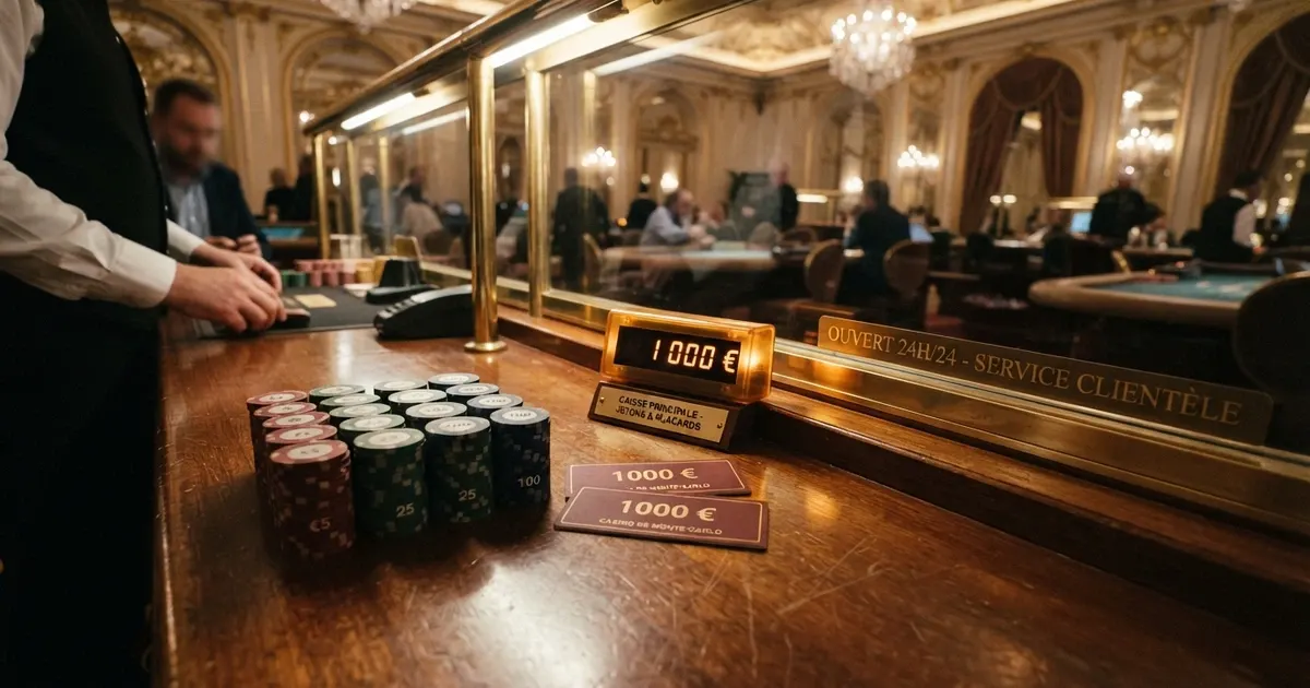 Comptoir de casino terrestre avec des plaques et des jetons, un écran affichant un gain, ambiance feutrée