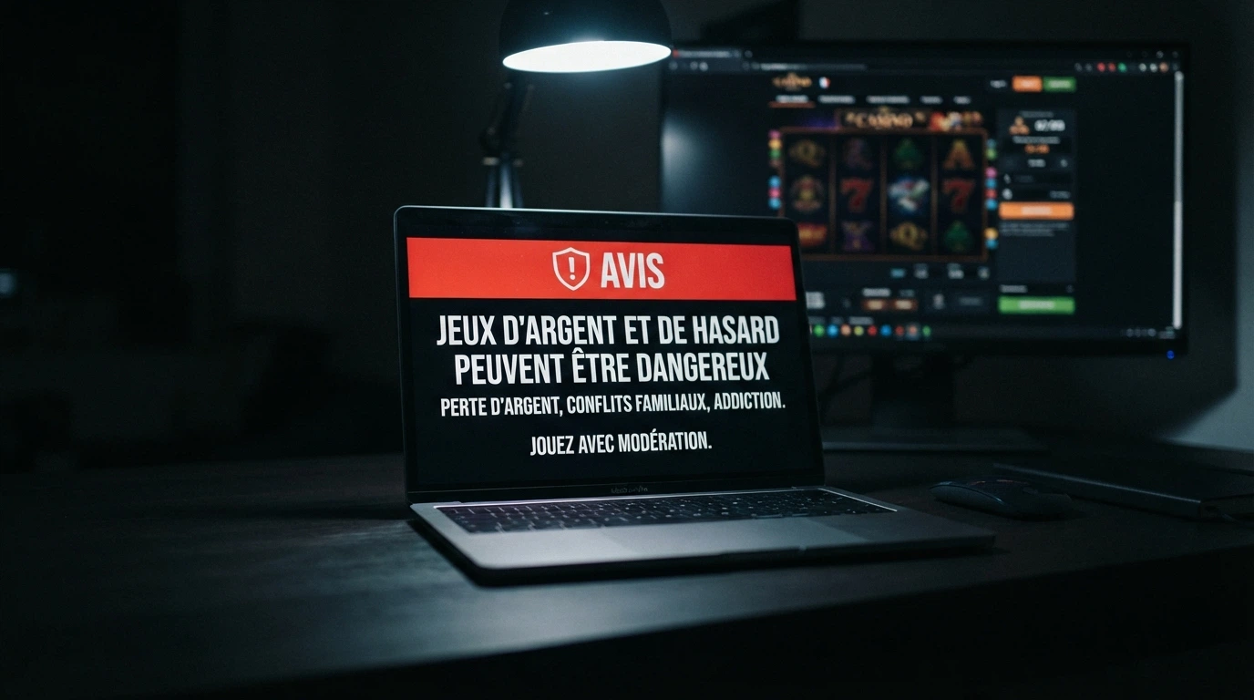Panneau d'avertissement réglementaire avec le logo de l'ANJ et la mention « offre illégale », devant une interface de casino en ligne floutée en arrière-plan