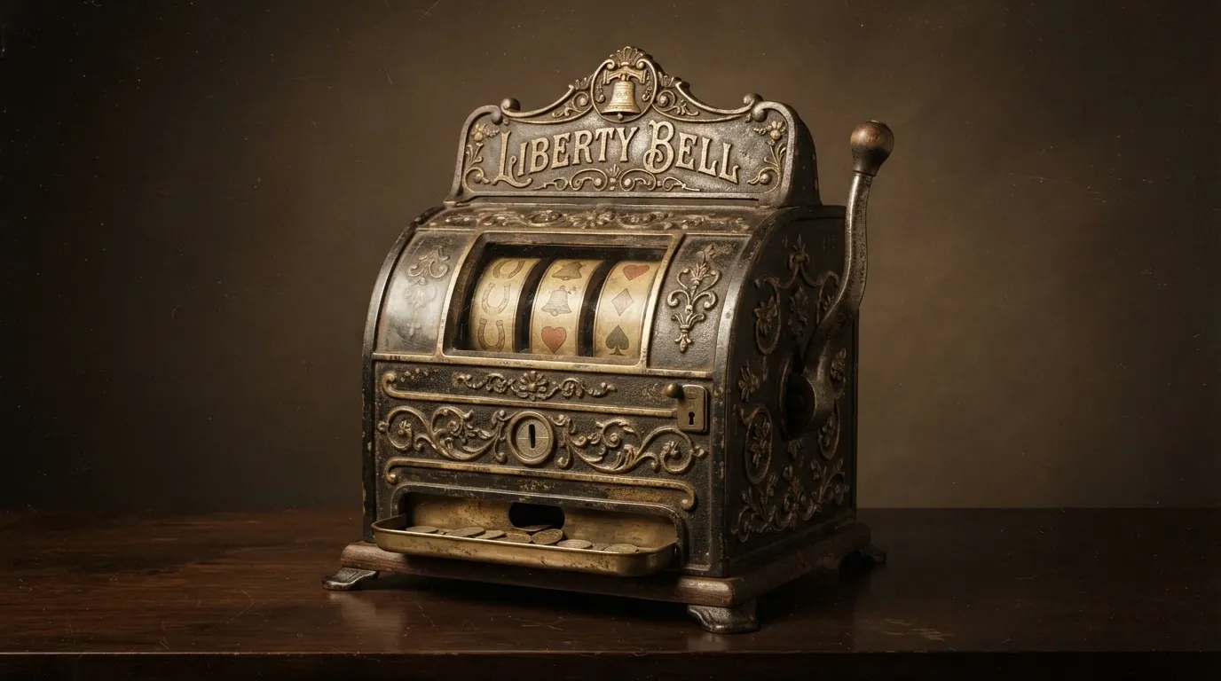 Illustration en noir et blanc de la machine Liberty Bell de Charles Fey, avec ses trois rouleaux mécaniques et son unique levier latéral