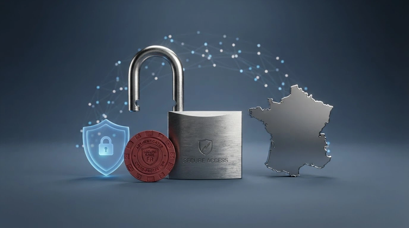 Le logo de l'ANJ sur un écran à côté d'une carte de France, avec des icônes représentant le poker, les machines à sous barrées, et un cadenas