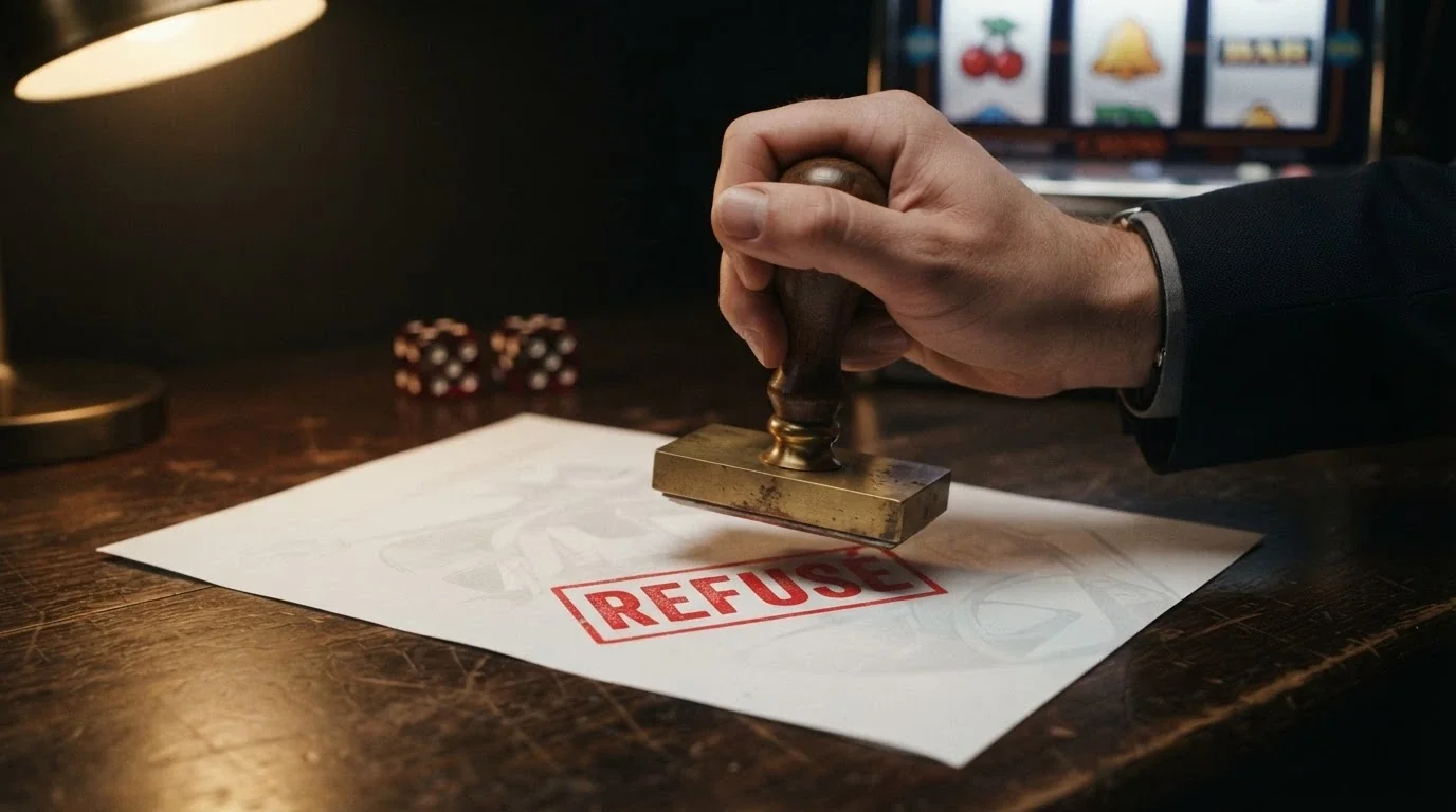 Un tampon officiel barré d'un trait rouge à côté d'un document portant le logo de l'ANJ, avec en arrière-plan des icônes de machines à sous et de dés.