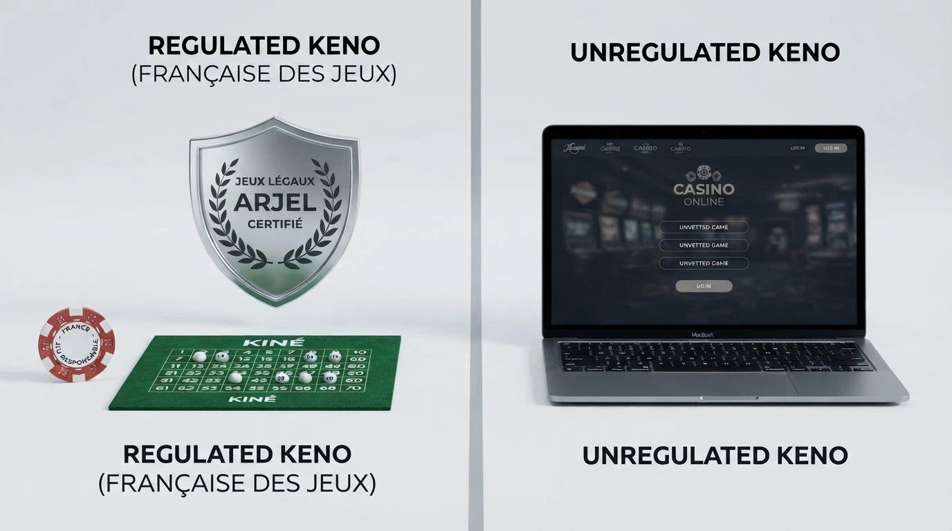 Le logo de l'ANJ à côté d'une grille de Keno FDJ, séparé par une ligne d'un écran de casino offshore