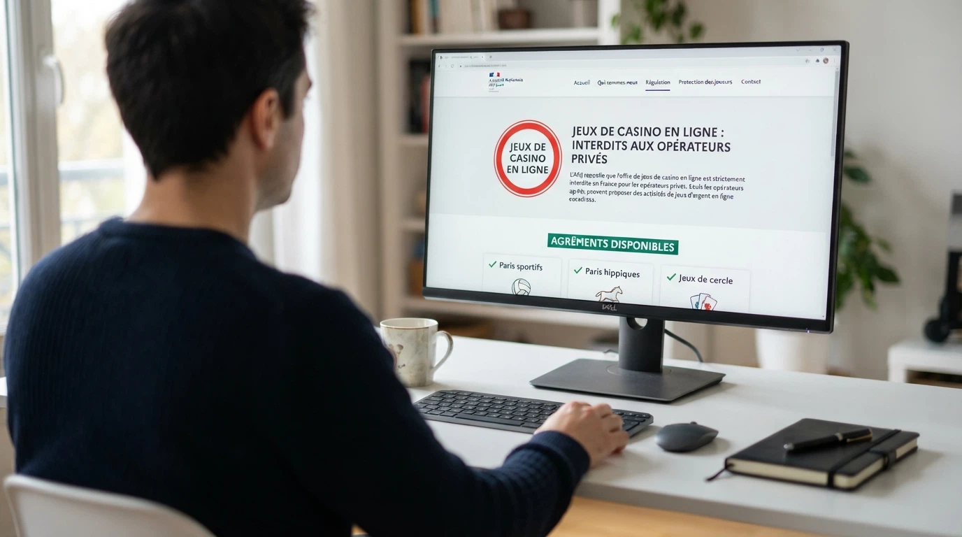 Capture d'écran du site de l'ANJ montrant le registre des opérateurs agréés et la page d'information sur l'interdiction des jeux de casino en ligne