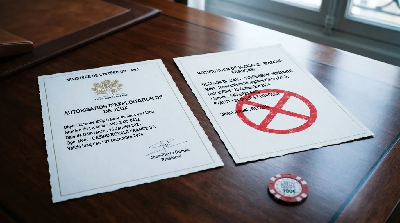 Document de licence Curaçao posé à côté d'un logo ANJ barré