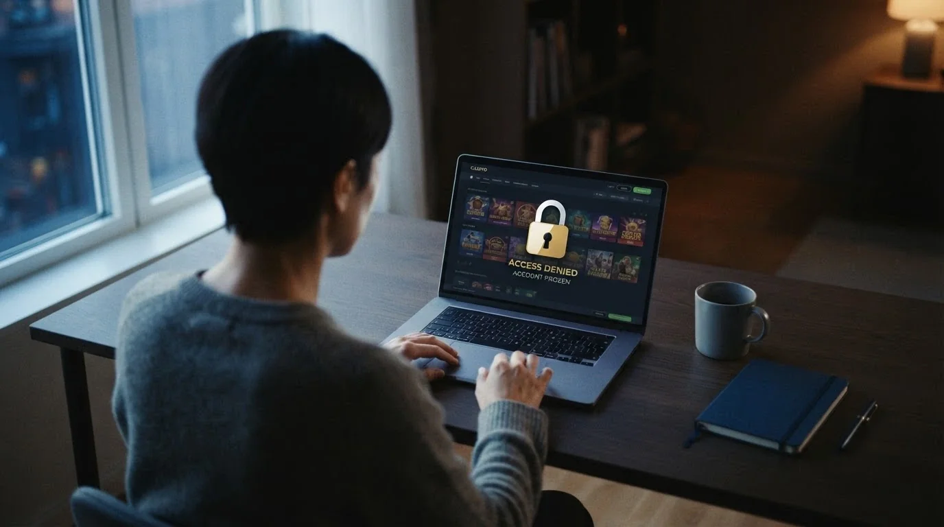 Un document officiel de licence de jeu posé à côté d'un clavier et d'un écran affichant une interface de casino, le tout dans une lumière tamisée