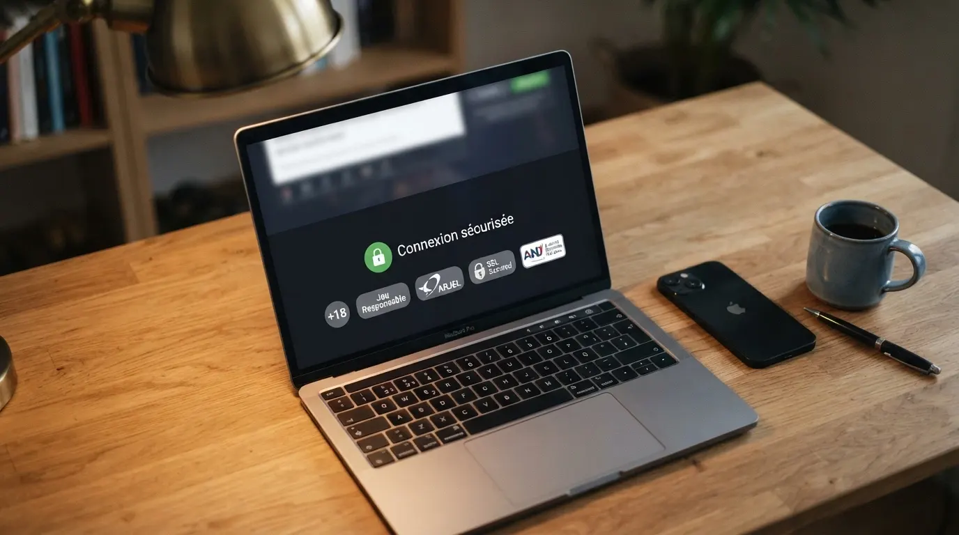 L'interface d'un site de casino affichant un cadenas de sécurité et un logo de licence dans le pied de page