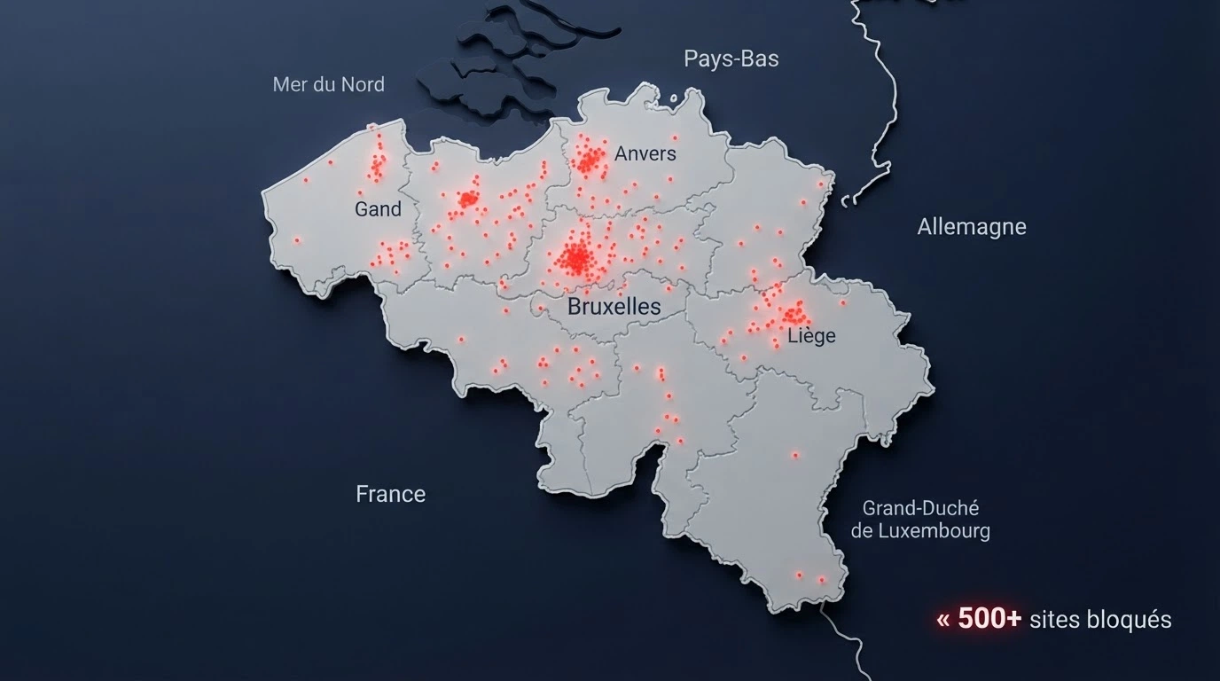 Une carte de la Belgique sur laquelle des points rouges représentent les centaines de sites de casino bloqués par les fournisseurs d'accès internet belges