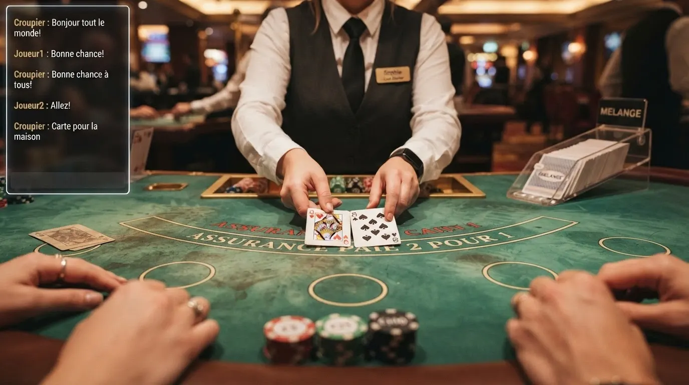 Vue rapprochée d'un croupier distribuant les cartes sur une table de blackjack live, les mains des joueurs visibles au premier plan, écran de chat sur le côté