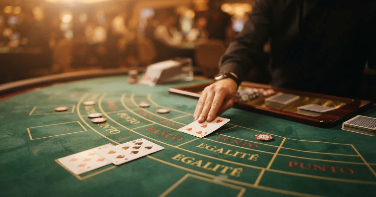 Un croupier en direct distribue des cartes sur une table de punto banco dans un studio de casino live, plan large montrant le tapis vert, le sabot de cartes et l'écran de mise.