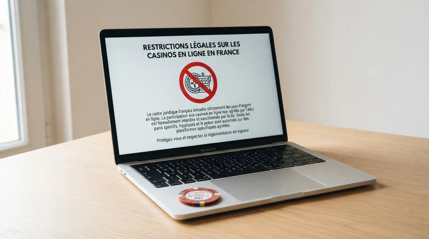 Une reproduction de la page d'accueil du site anj.fr affichée sur un écran d'ordinateur, le bandeau « Autorité nationale des jeux » bien lisible, un bloc-notes et un stylo posés devant le clavier.