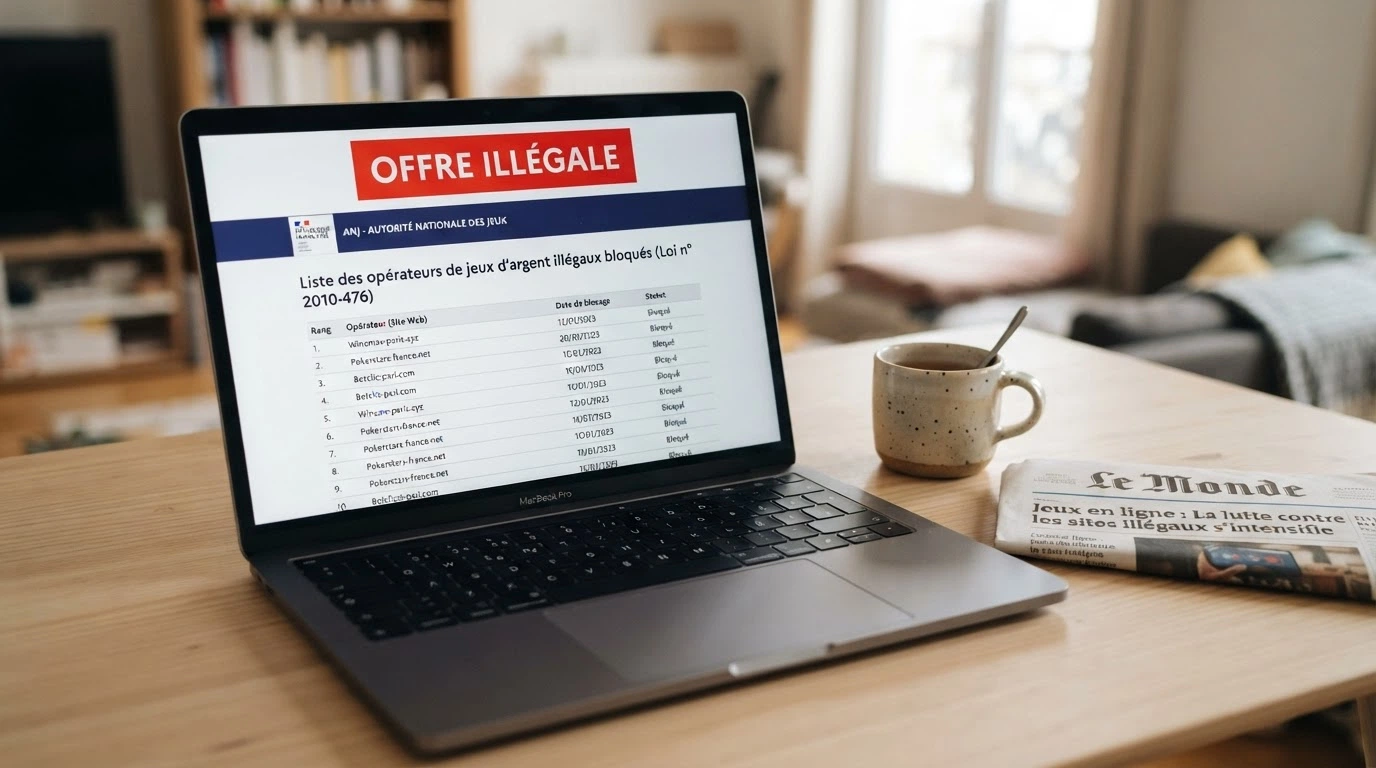 La page d'accueil du site anj.fr ouverte dans un navigateur, avec le bandeau « Offre illégale » visible à l'écran.