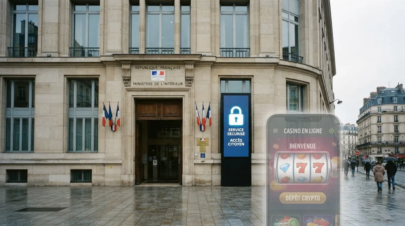 La façade sobre du bâtiment de l'ANJ à Paris, avec un panneau numérique affichant un cadenas ouvert et le drapeau français, contrastant avec une interface de casino crypto en surimpression transparente