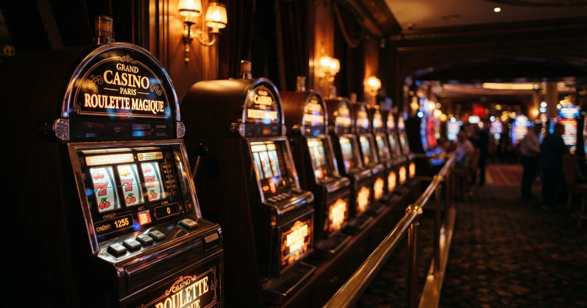 Rangée de machines à sous lumineuses dans un casino, avec écrans colorés, rouleaux et boutons visibles au premier plan