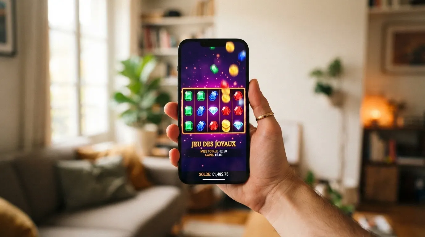 Une machine à sous en ligne colorée sur un écran, avec l'interface de jeu visible