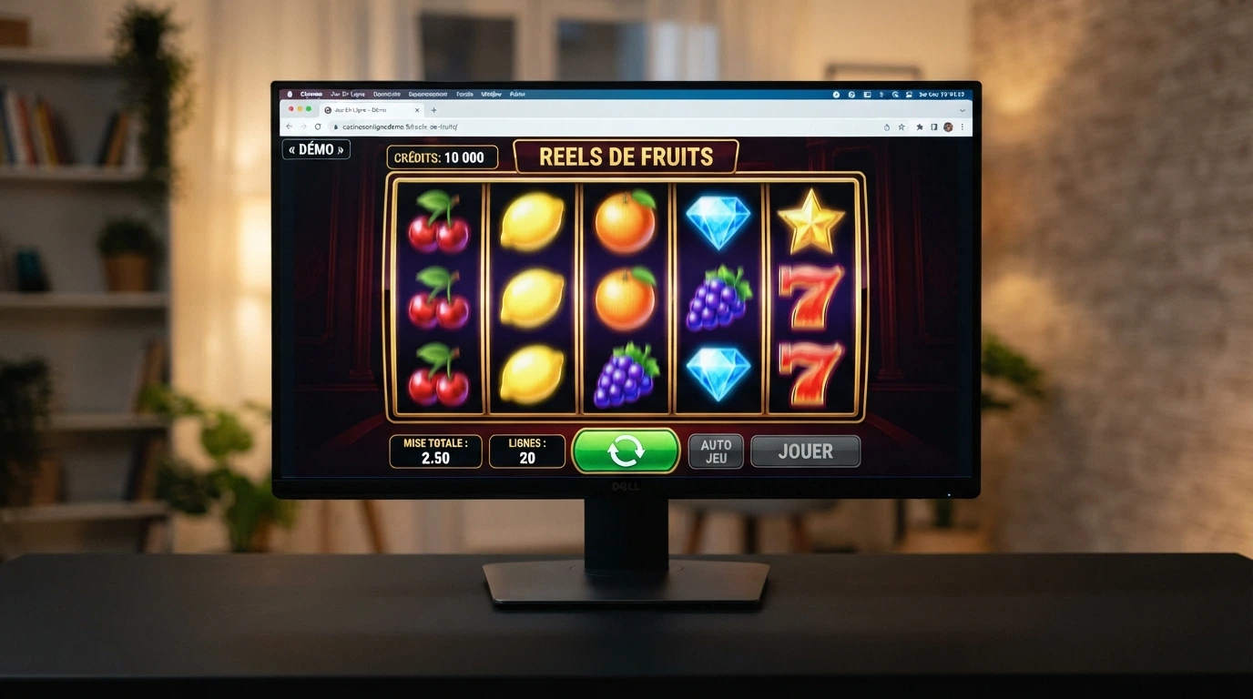 L'écran d'une machine à sous en mode démo dans un navigateur desktop, rouleaux visibles, compteur de crédits fictifs, interface en français