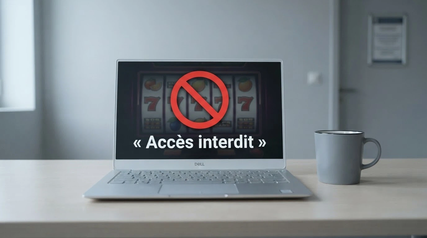Panneau d'interdiction des machines à sous devant une interface de casino en ligne barrée, avec le logo de l'ANJ