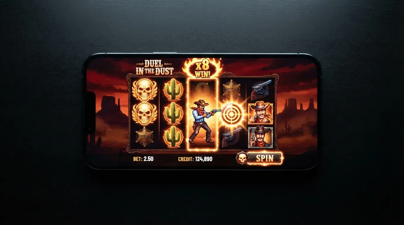 Interface de la machine à sous Wanted Dead or a Wild de Hacksaw Gaming avec la mécanique DuelReels™ visible