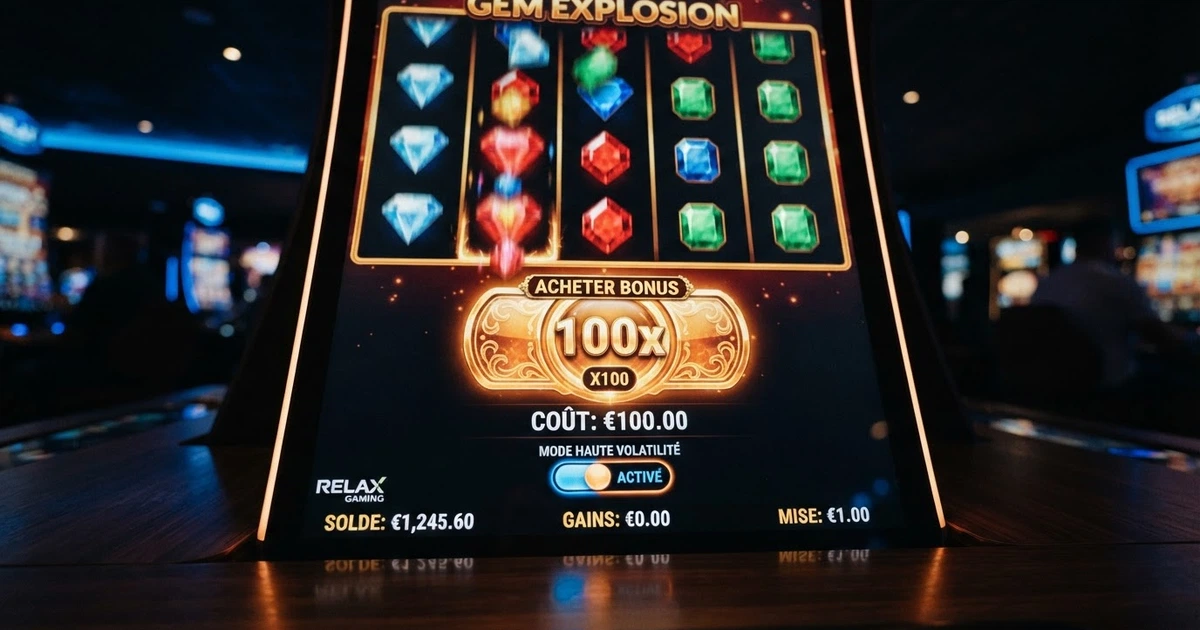 Interface d'une machine à sous en ligne affichant le bouton d'achat de bonus, avec le multiplicateur de mise et le coût en euros visibles à l'écran