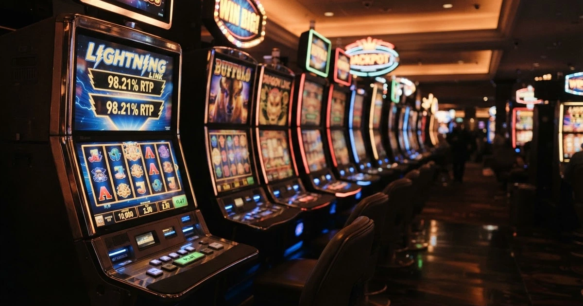 Une rangée de machines à sous colorées dans une salle de casino tamisée, l'écran de la machine la plus proche affichant un pourcentage RTP lumineux.