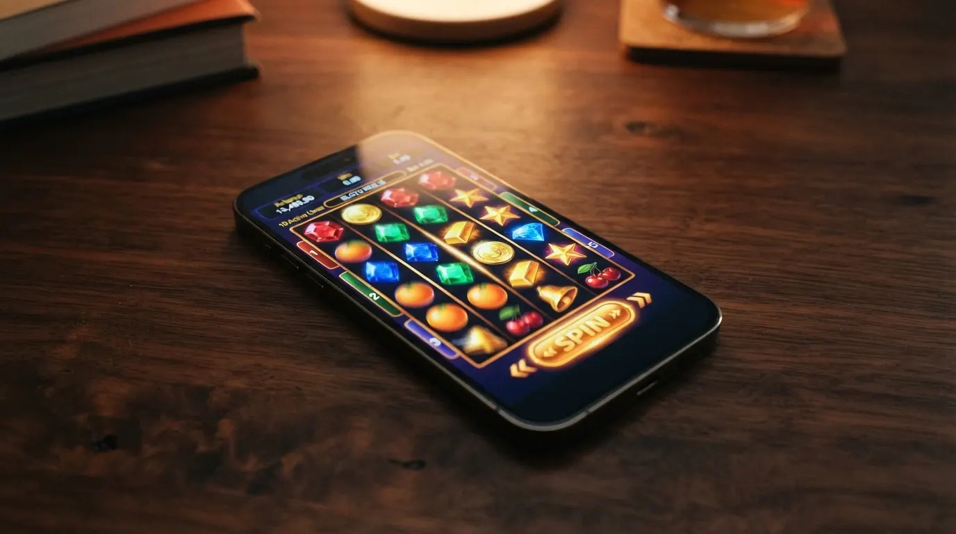 Interface colorée d'une machine à sous en ligne avec rouleaux, symboles et bouton de mise