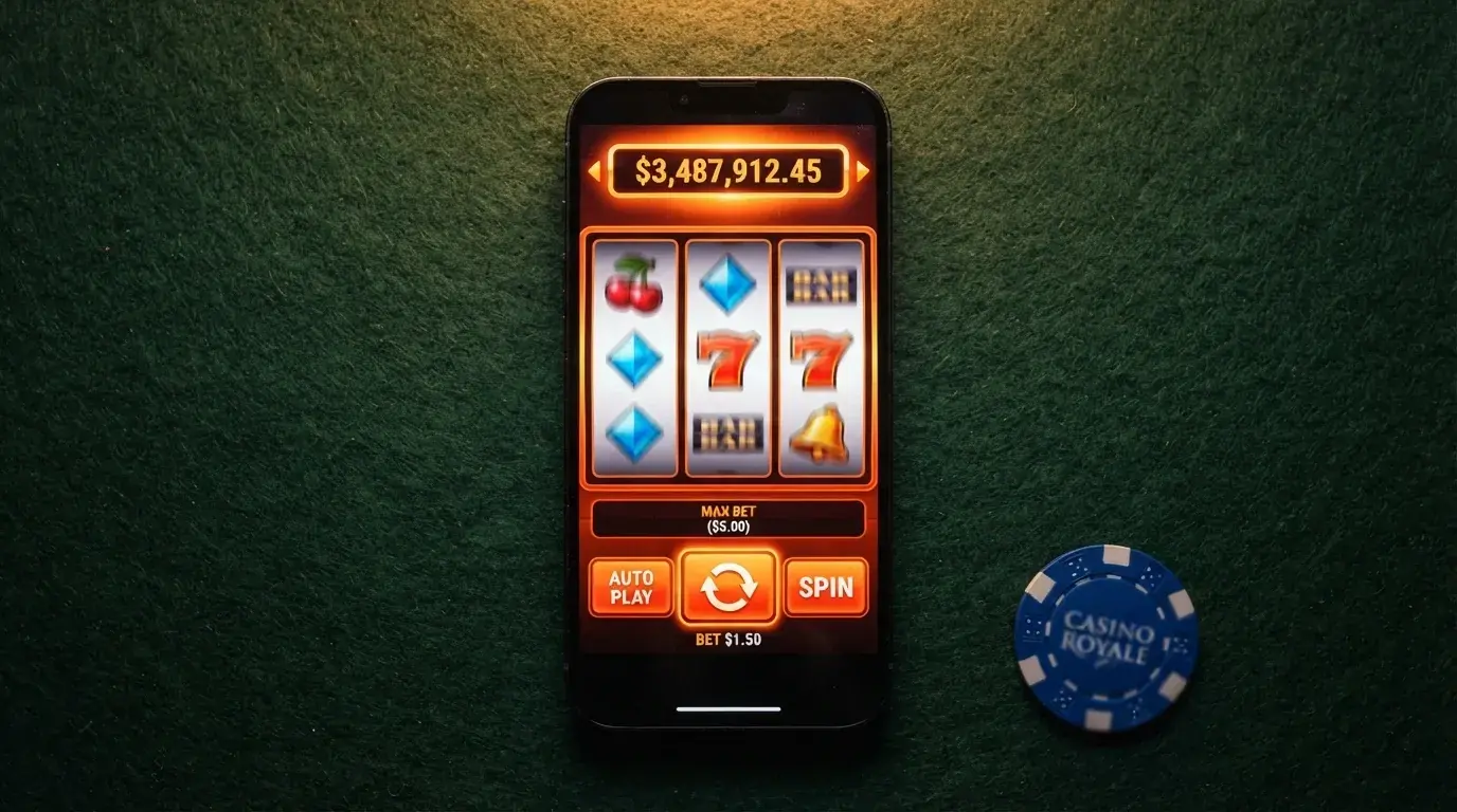 Grille de machines à sous colorées sur l'interface d'un casino en ligne, boutons de mise et jackpots progressifs visibles