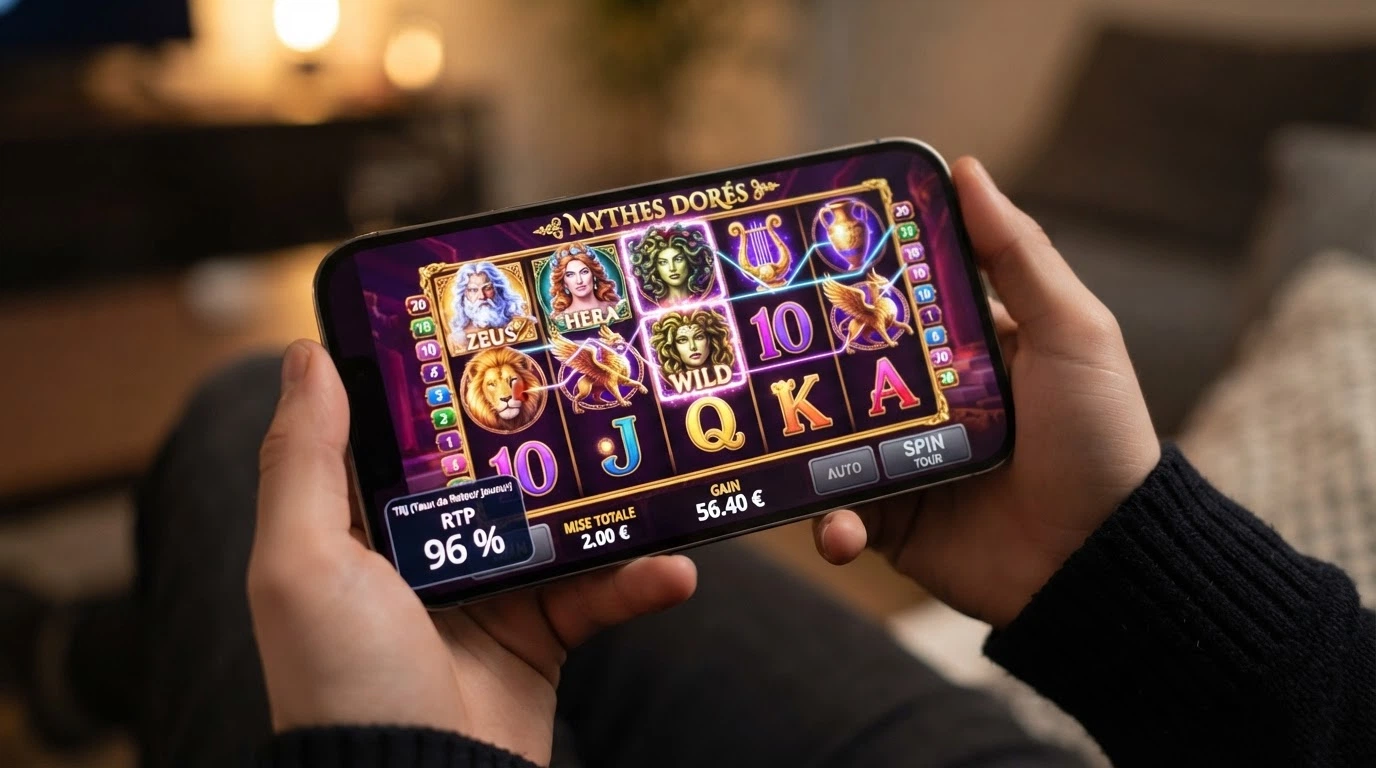 Un écran de machine à sous en ligne avec l'interface d'un titre Pragmatic Play, la valeur RTP visible et des graphiques de volatilité.