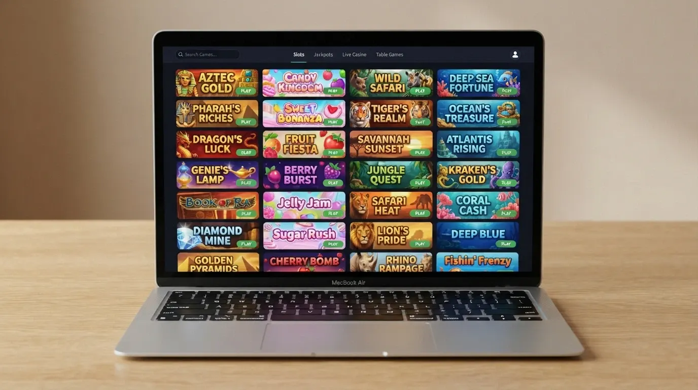 Capture d'écran d'une grille de machines à sous sur une plateforme de jeu gratuite, montrant la diversité des thèmes et des fournisseurs