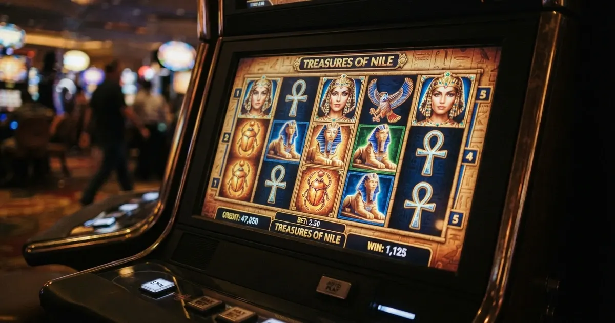 Le logo et l'écran de la machine à sous Cleopatra d'IGT avec ses symboles égyptiens (Cléopâtre, sphinx, scarabée) sur une grille 5×3