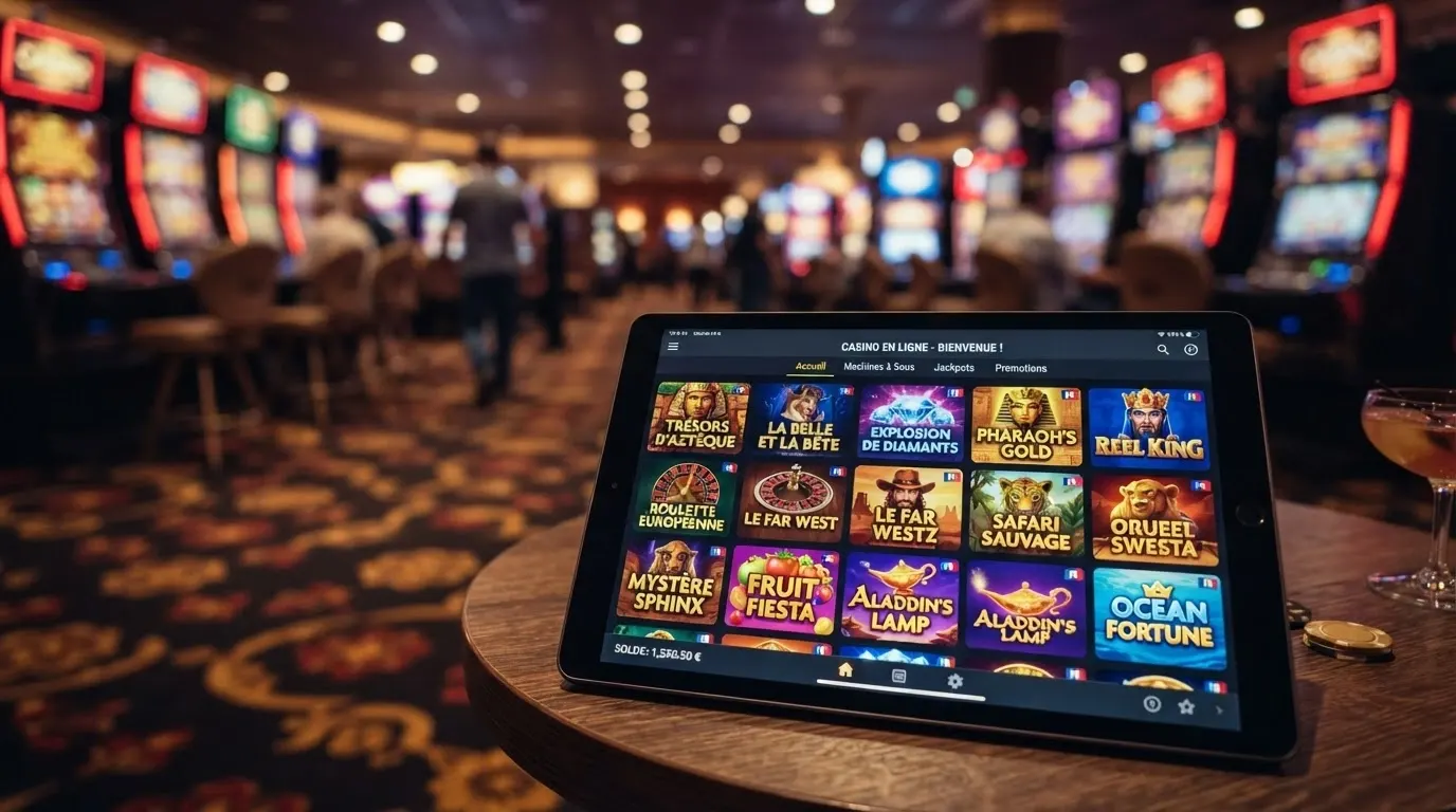 Une rangée de machines à sous illuminées dans une salle de casino terrestre, et au premier plan l'écran d'une tablette affichant une grille de slots en ligne avec leurs jaquettes colorées.