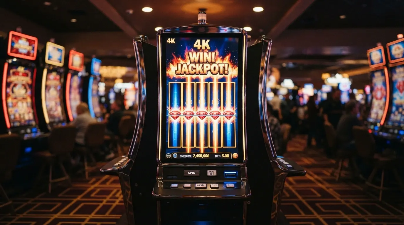 Une rangée de machines à sous illuminées dans un casino, l'écran de la première affiche une combinaison gagnante.
