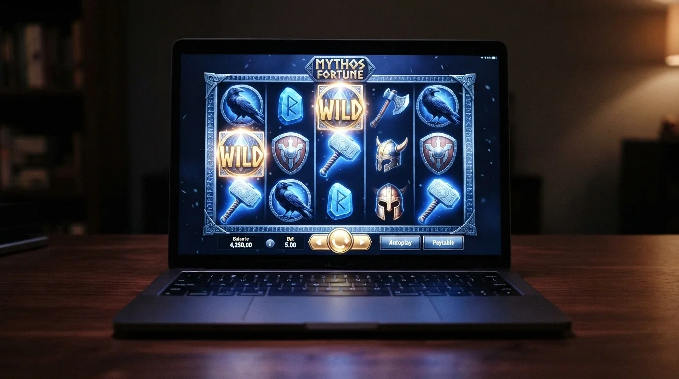 Écran de jeu d'une machine à sous Microgaming affichant les rouleaux, la mise et les symboles sur fond sombre