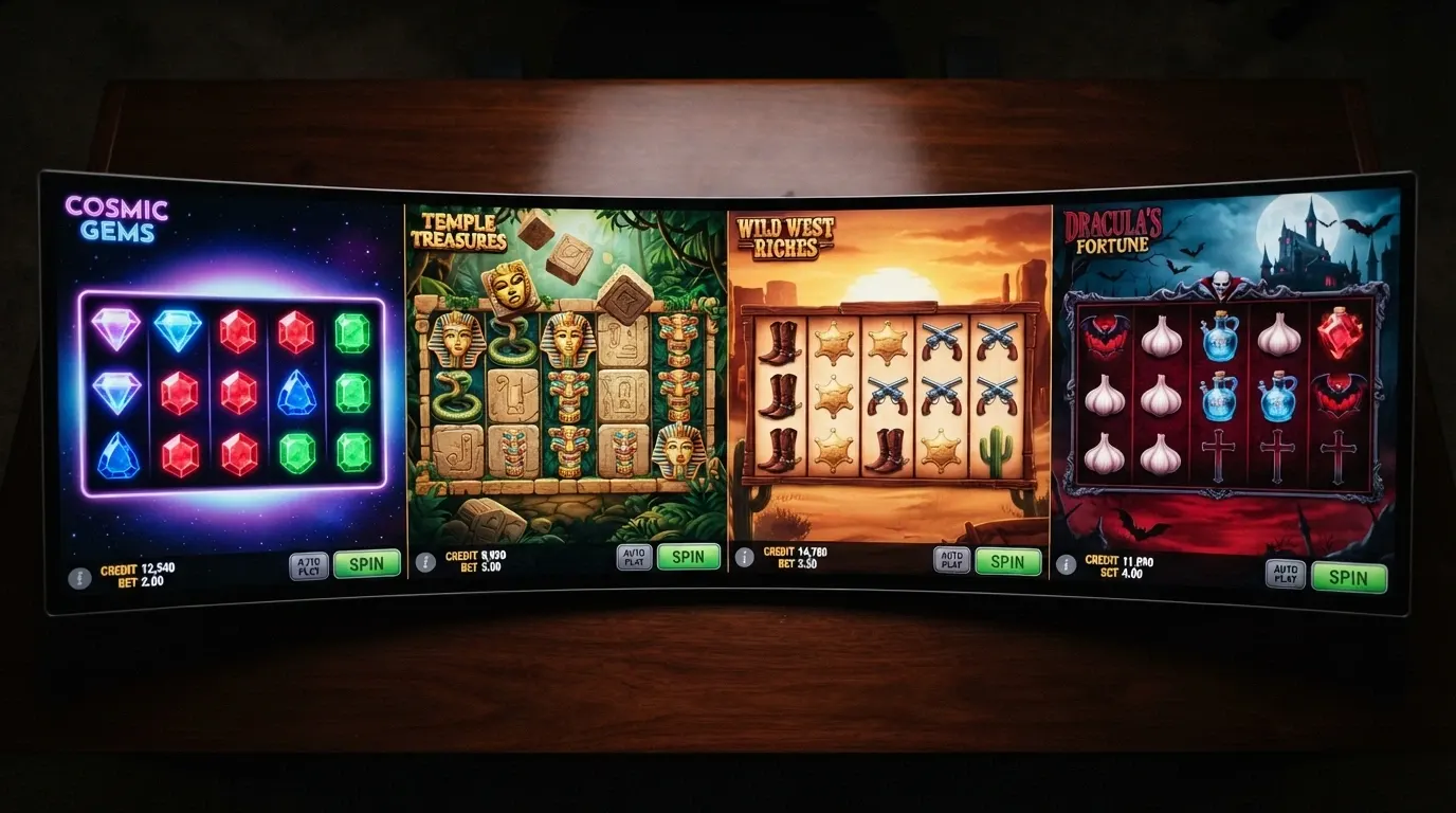 Quatre machines à sous NetEnt (Starburst, Gonzo's Quest, Dead or Alive 2, Blood Suckers) côte à côte sur l'écran d'un casino