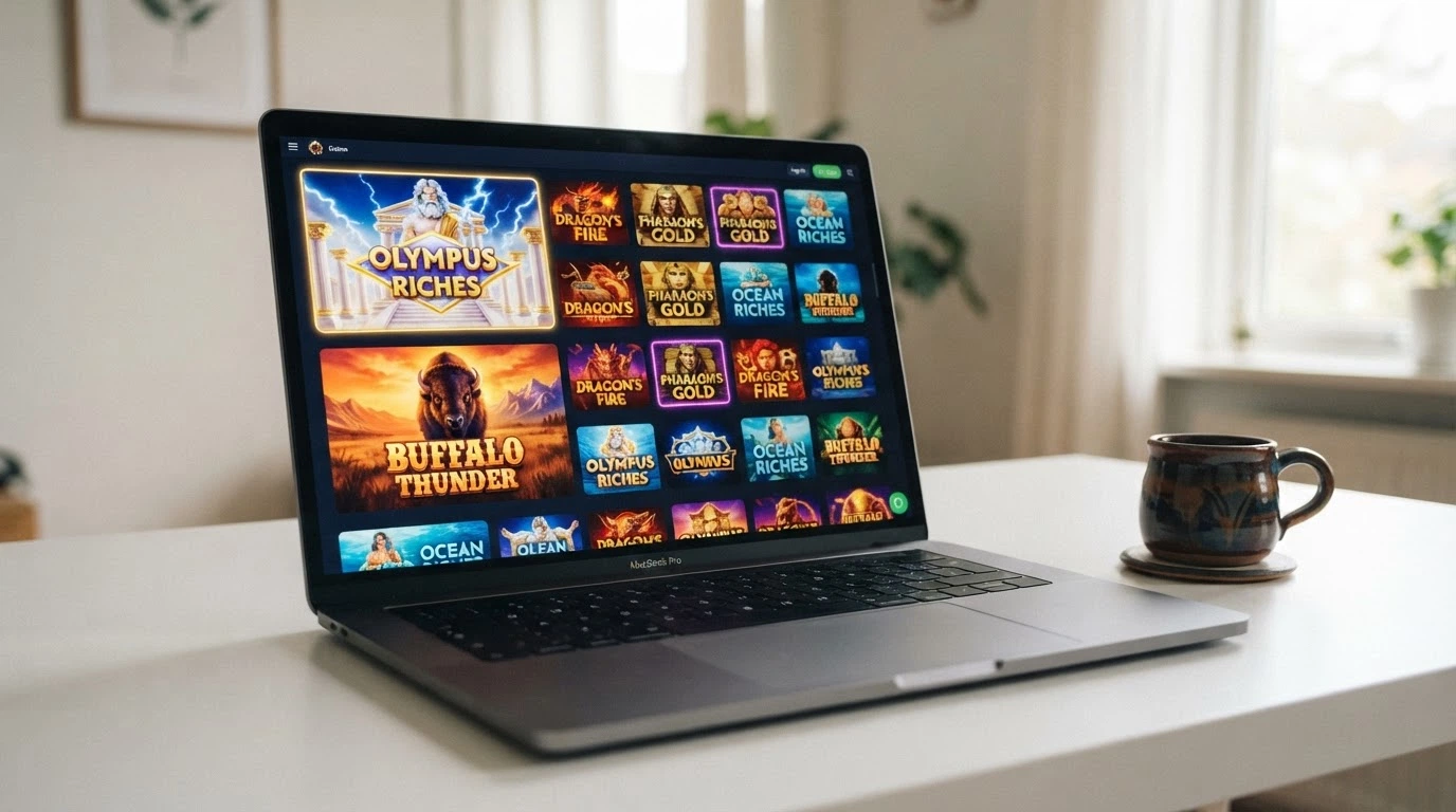 Lobby de machines à sous Playtech avec les jaquettes d'Age of the Gods et Buffalo Blitz