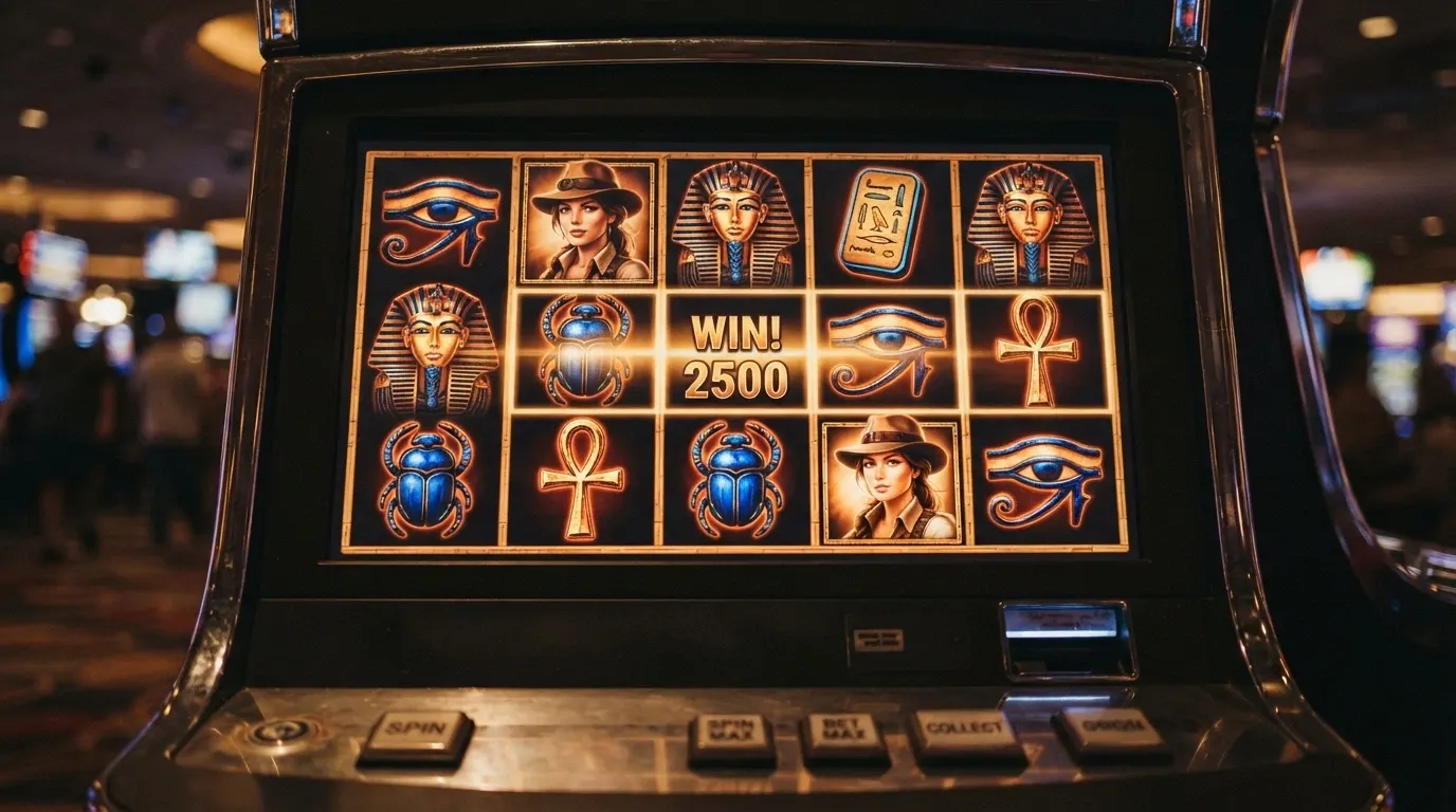 Écran de jeu de la machine à sous Book of Dead montrant ses rouleaux, son explorateur et ses symboles égyptiens