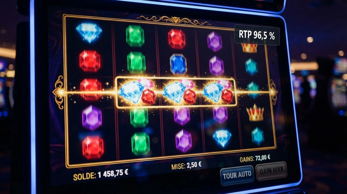 Écran de machine à sous en ligne colorée affichant un taux de RTP de 96,5 % dans le coin supérieur, avec des rouleaux en mouvement et une table de paiement visible.
