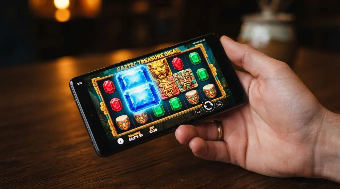 Machine à sous Yggdrasil affichant une mécanique GigaBlox avec des symboles géants sur écran mobile